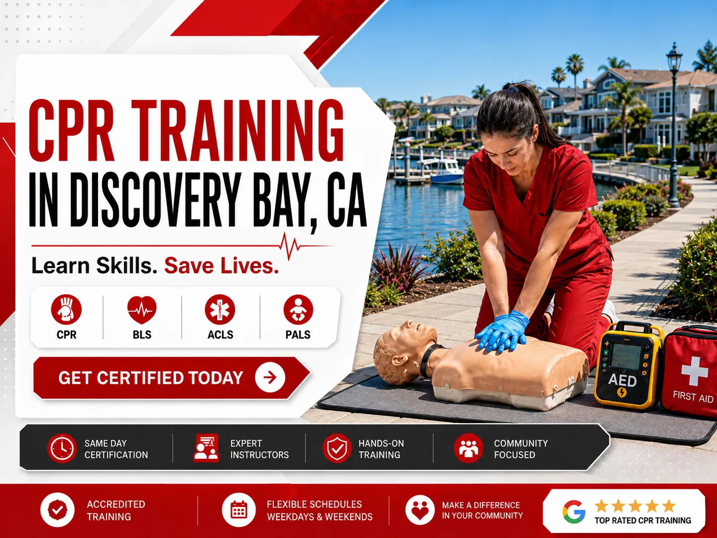 CPR mannequin practice during BLS certification class in Discovery Bay, CA